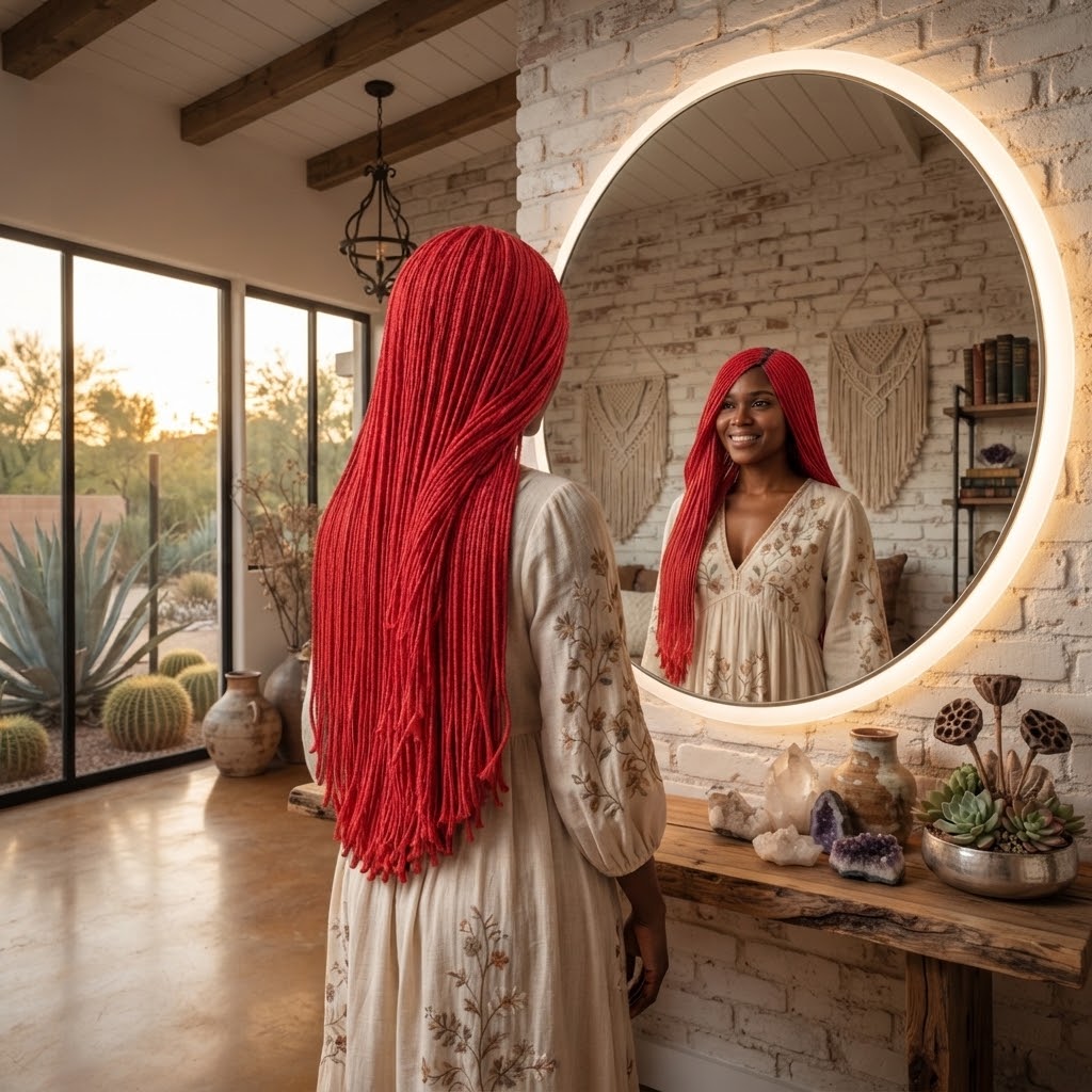 Long red braided crochet hair extension, straight full-length braids.