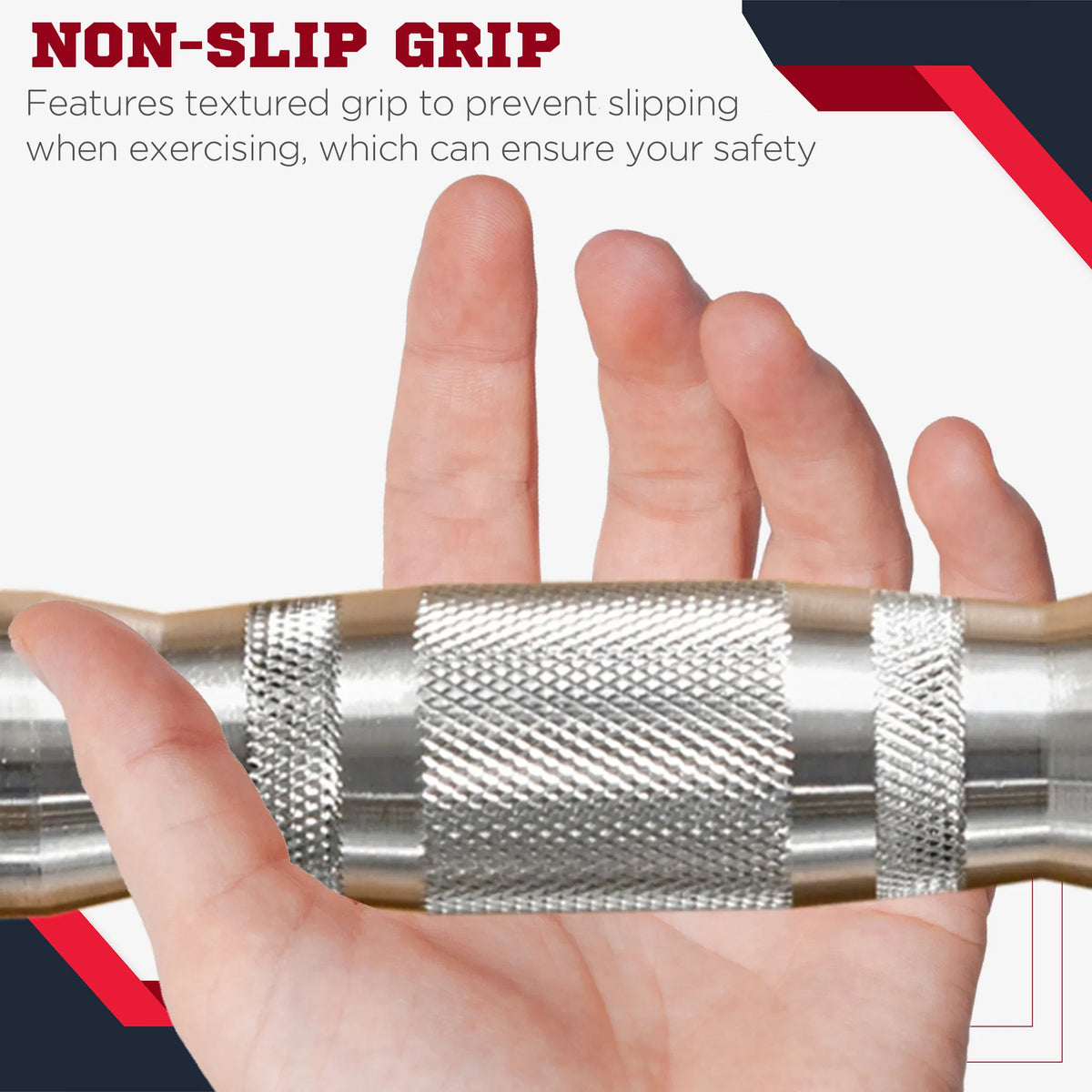 Knurled grip on black dumbbell handle, close-up with fingers