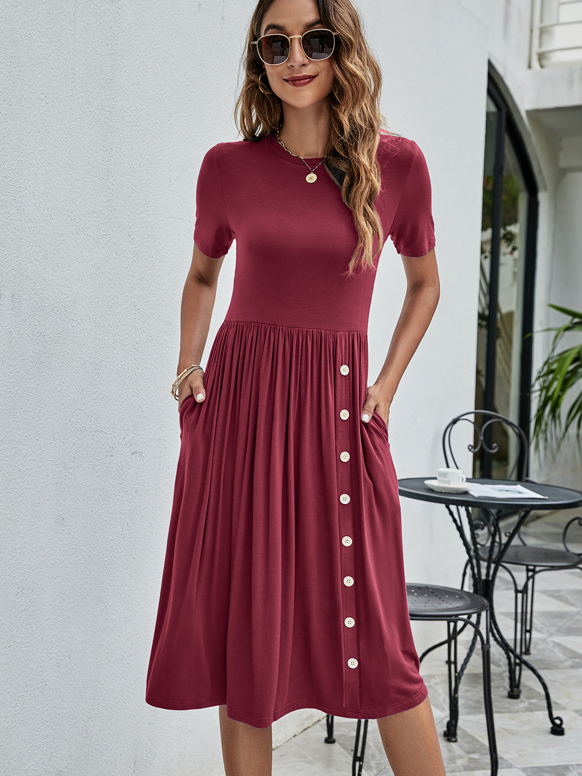 Solid Color Buttons Pocket Casual Women's Knitted Dress