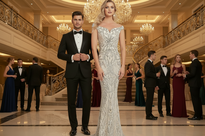 Fishtail evening dress with sleeveless fitted bodice, ornate lace-like sparkle, light purple
