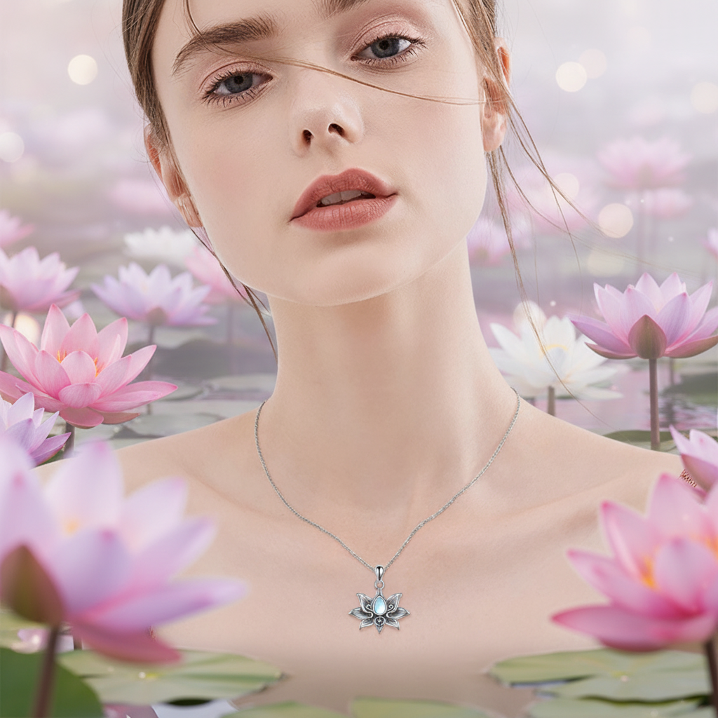 Silver lotus pendant necklace with blue cabochon center and engraved starburst petals on chain.
