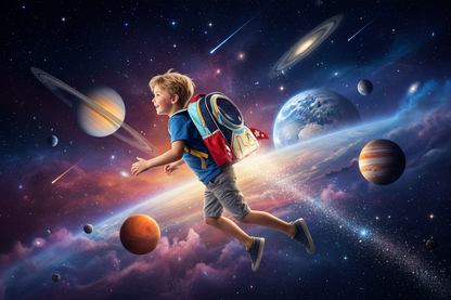 Boy school backpack with space rocket and planet design, round astronaut emblem, straps