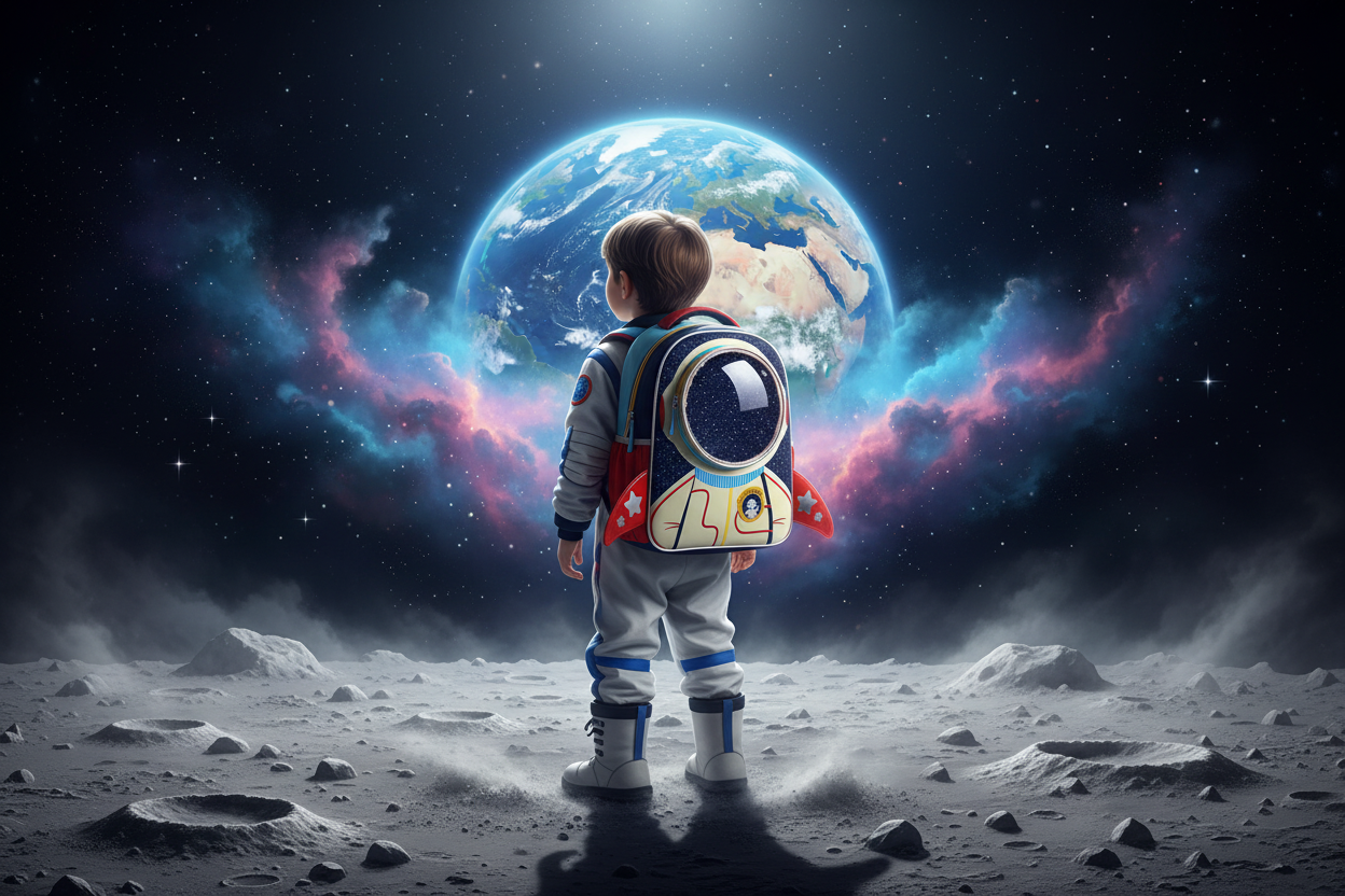 Boy school backpack back view with astronaut space graphic, colorful trim and straps