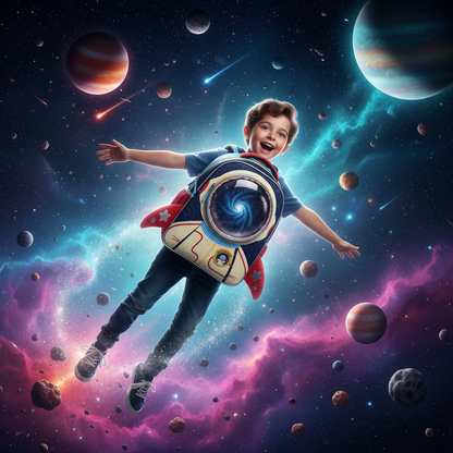 Boy school backpack with space-themed astronaut print, red side stars, striped trim