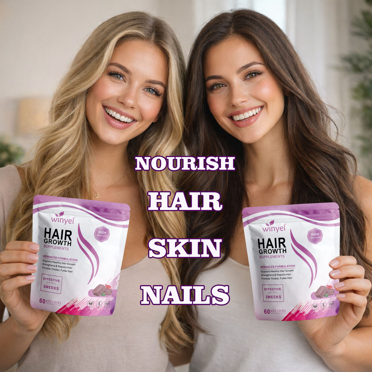 Hair growth supplement pouch packs held by two smiling women with WINYEL branding