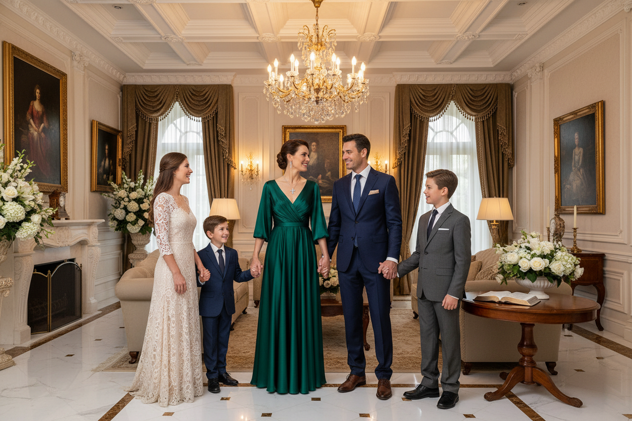 Silver cross pendant necklace on a woman in a green dress in a formal room
