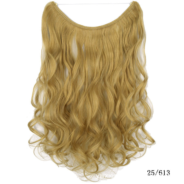 Womens seamless hair extension wig set, blonde wavy hair with lighter streaks and top band.