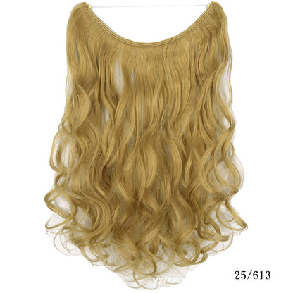 Womens seamless hair extension wig set, blonde wavy hair with lighter streaks and top band.