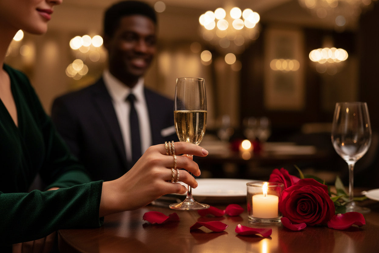 Gold-toned rings on hand holding a champagne flute, stacked band design