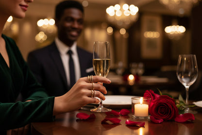 Gold-toned rings on hand holding a champagne flute, stacked band design