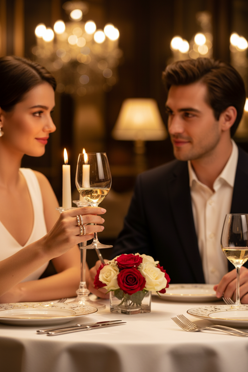 Gold-toned ring set on hand holding a champagne flute, stacked sparkly bands