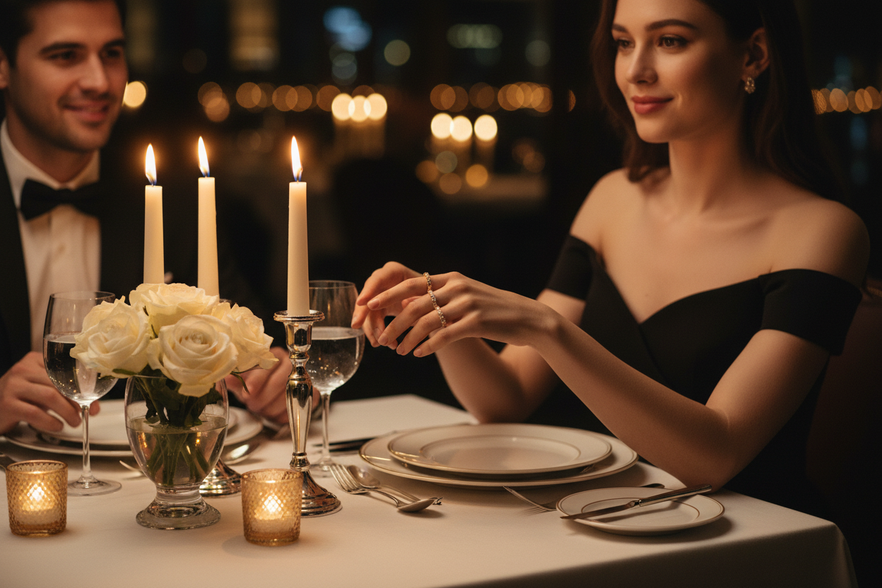Gold-toned ring set on hand above tableware, stacked bands with clear stones