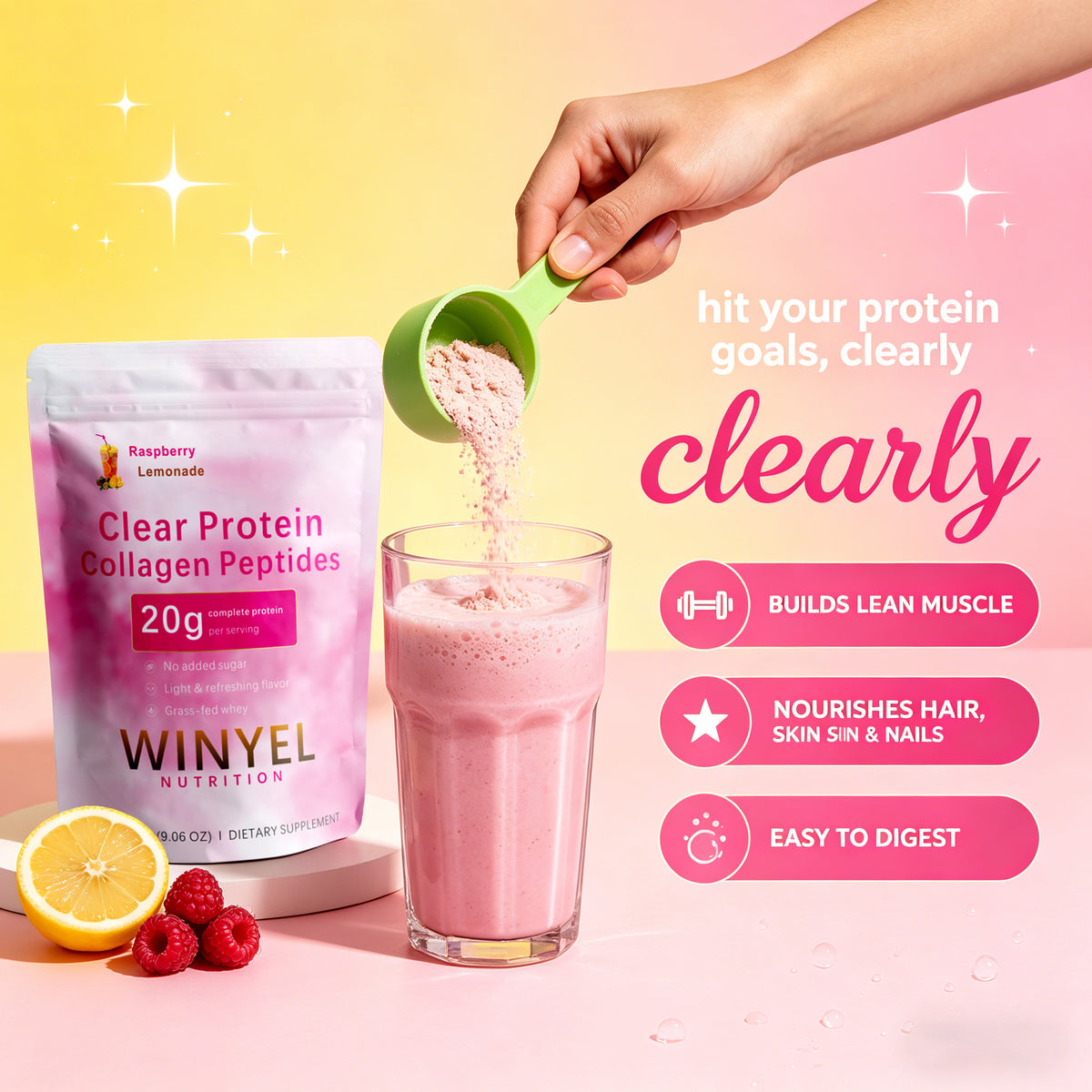 WINYEL clear protein collagen peptides pouch and raspberry-lemonade protein drink