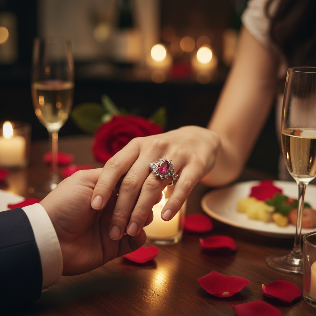 Engagement ring on finger with red oval center stone, clear halo, and silver band