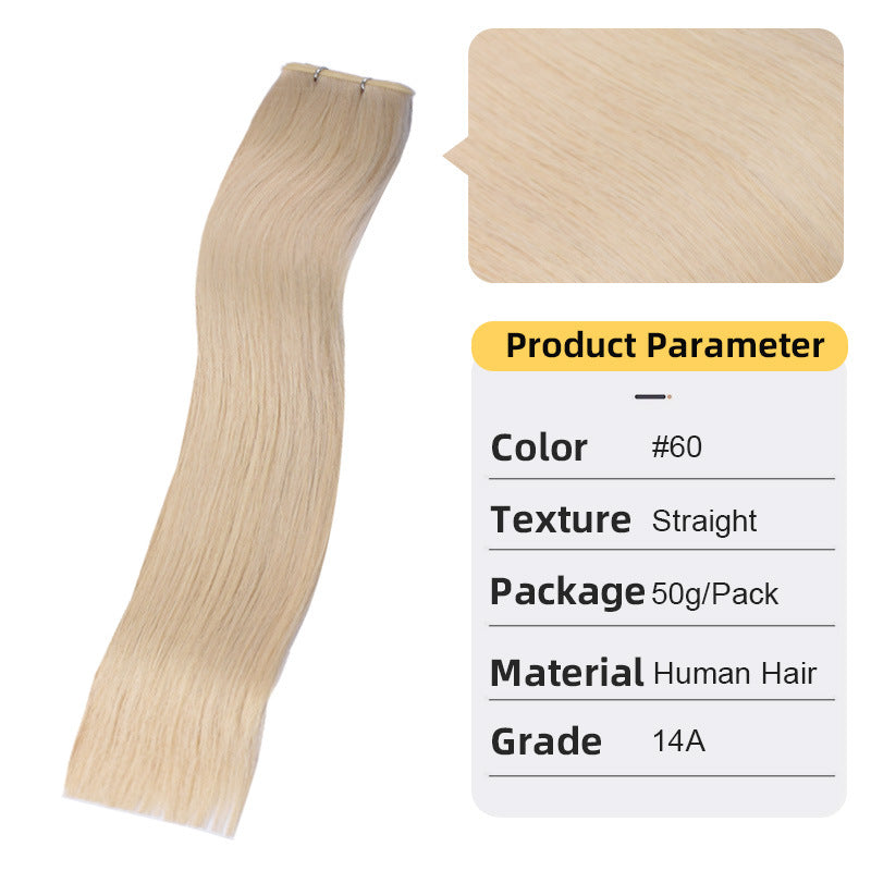 Straight real hair extension weft, pale blonde hair with stitched top