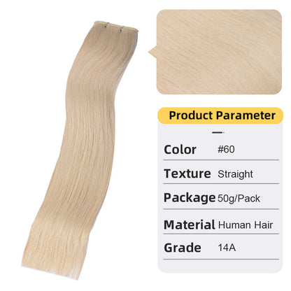 Straight real hair extension weft, pale blonde hair with stitched top