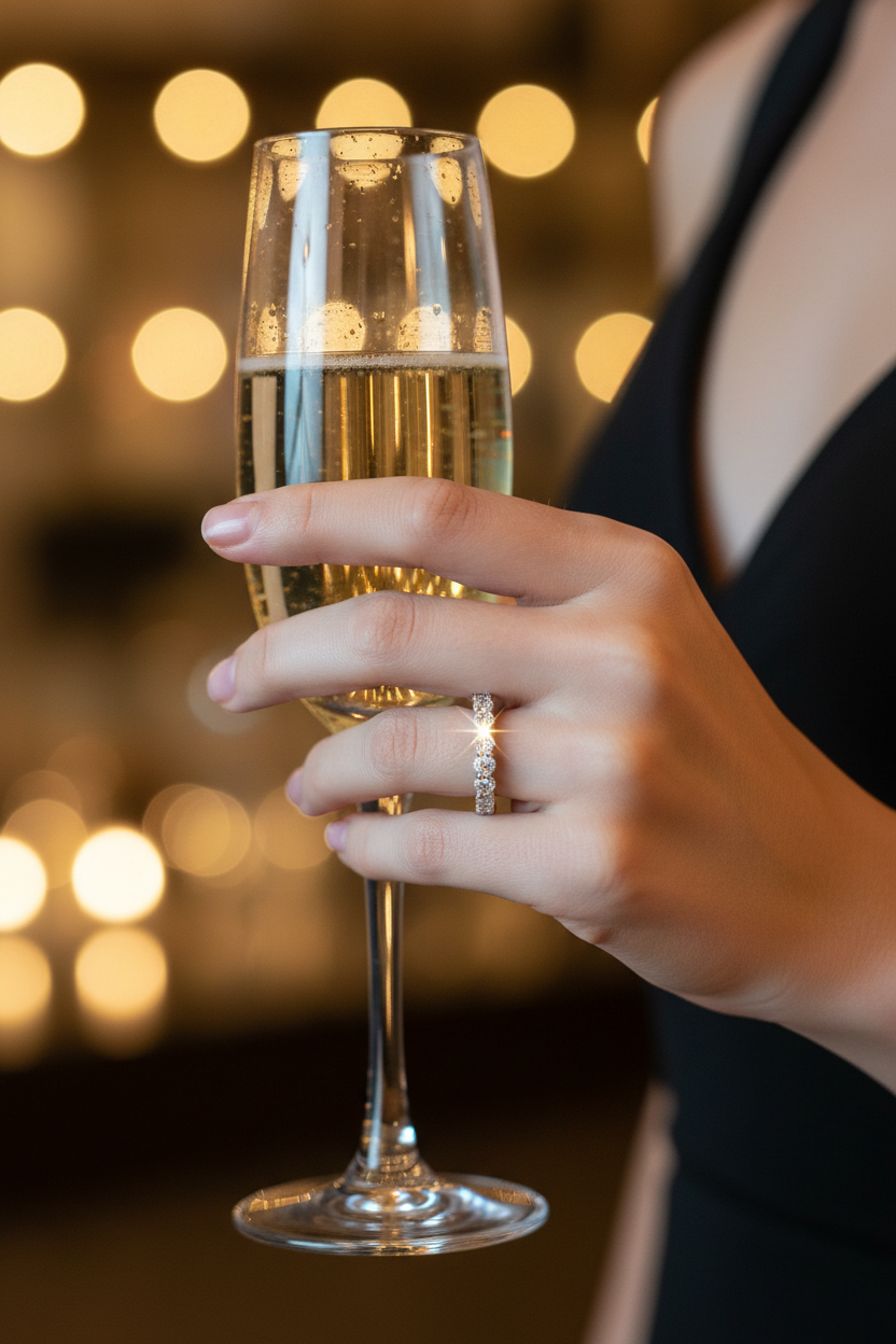 Silver stone ring on a hand holding a champagne flute