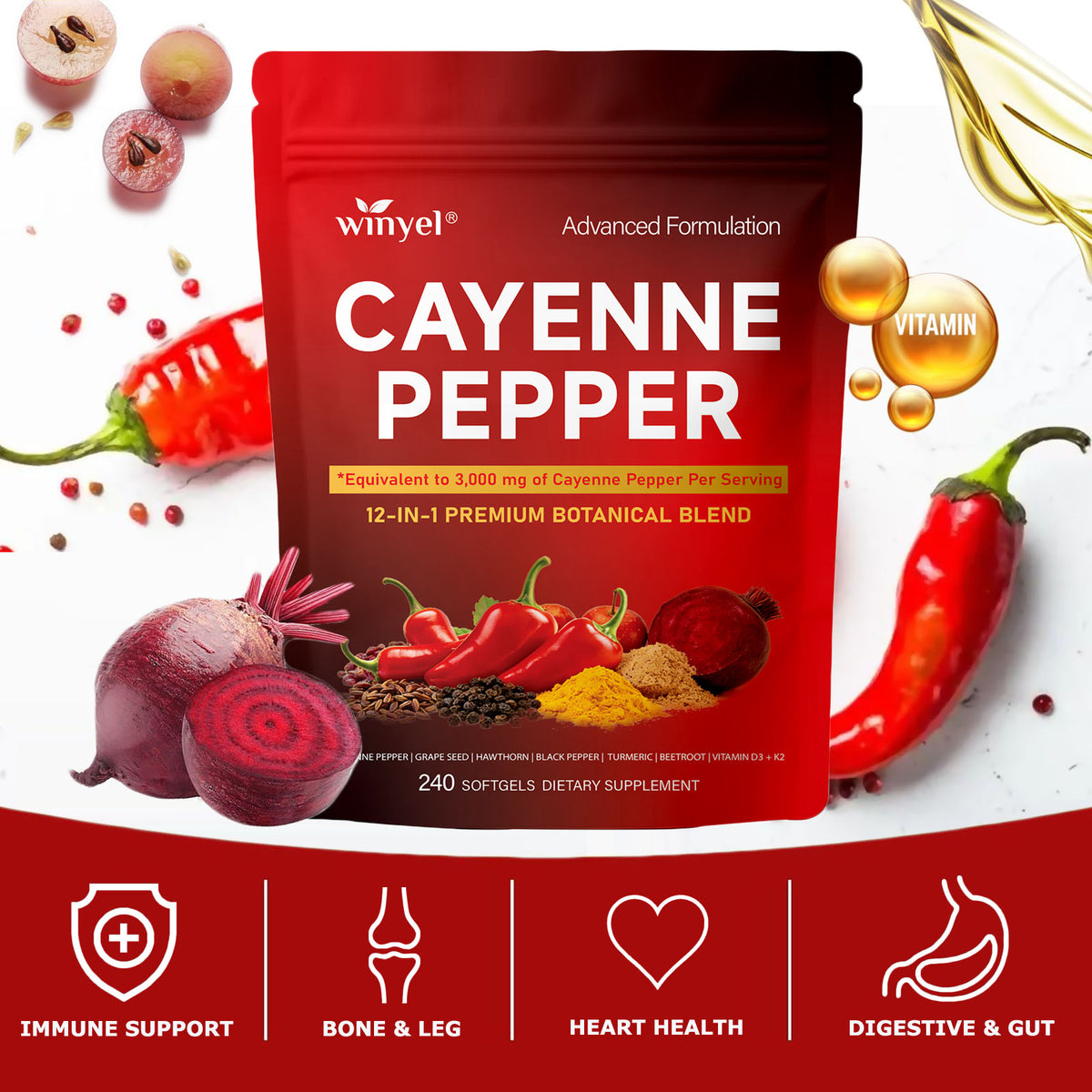 Cayenne Pepper dietary supplement pouch, red bag with “Advanced Formulation” text.