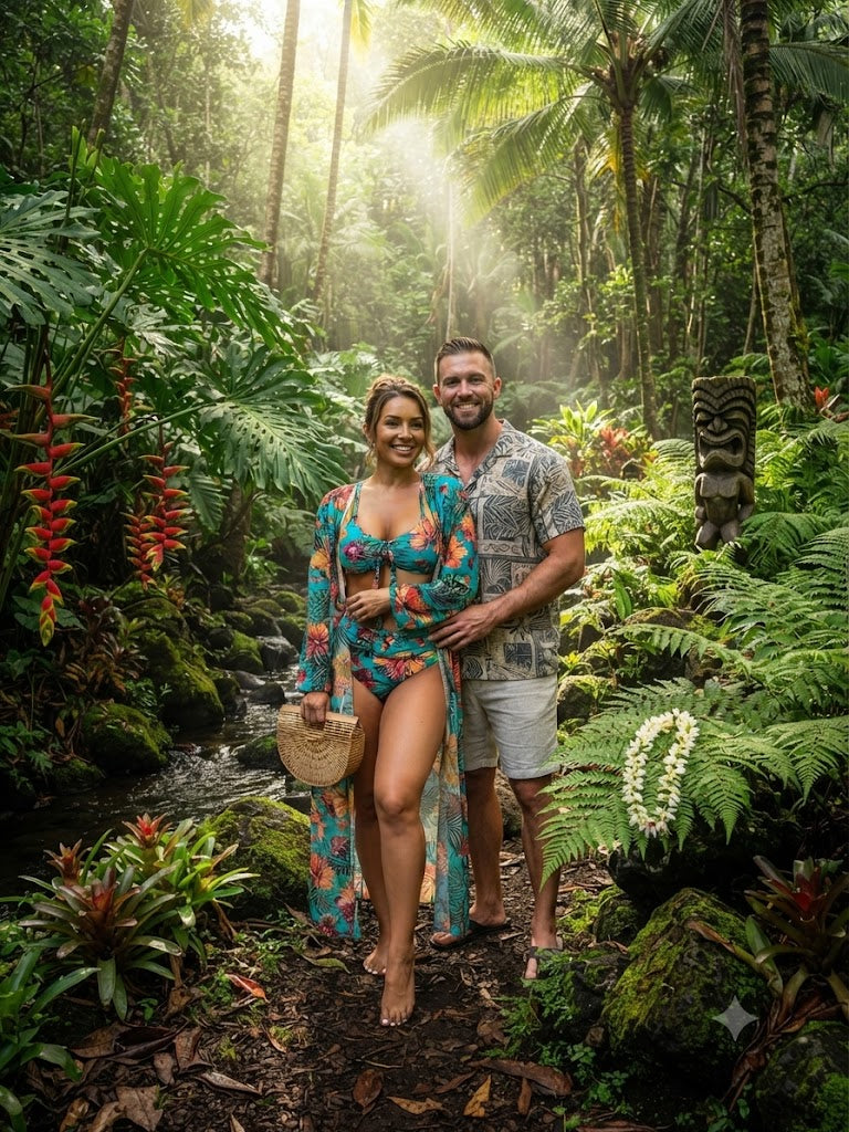 Teal floral two-piece swimsuit on model standing in tropical foliage