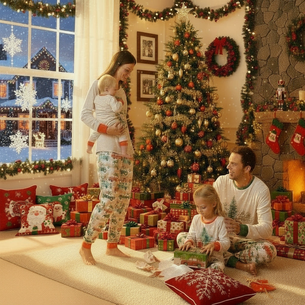 Kids Christmas pajama set: white long-sleeve top, festive patterned pants