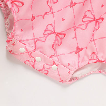 Baby Girl's Bowknot Graphic Print Romper, Daddy's Girl Letter Print Triangle Jumpsuit With Bubble Sleeves