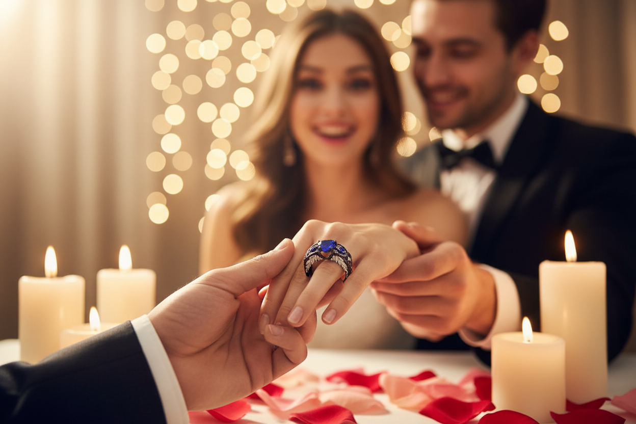 Black gold ring with heart-shaped blue center stone and diamond-like side accents