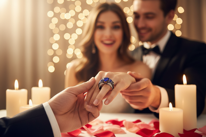 Black gold ring with heart-shaped blue center stone and diamond-like side accents