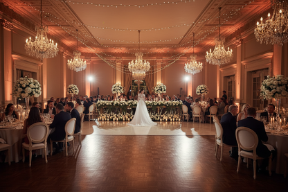 White wedding dress with lace high back, long sleeves, A-line silhouette and extended train