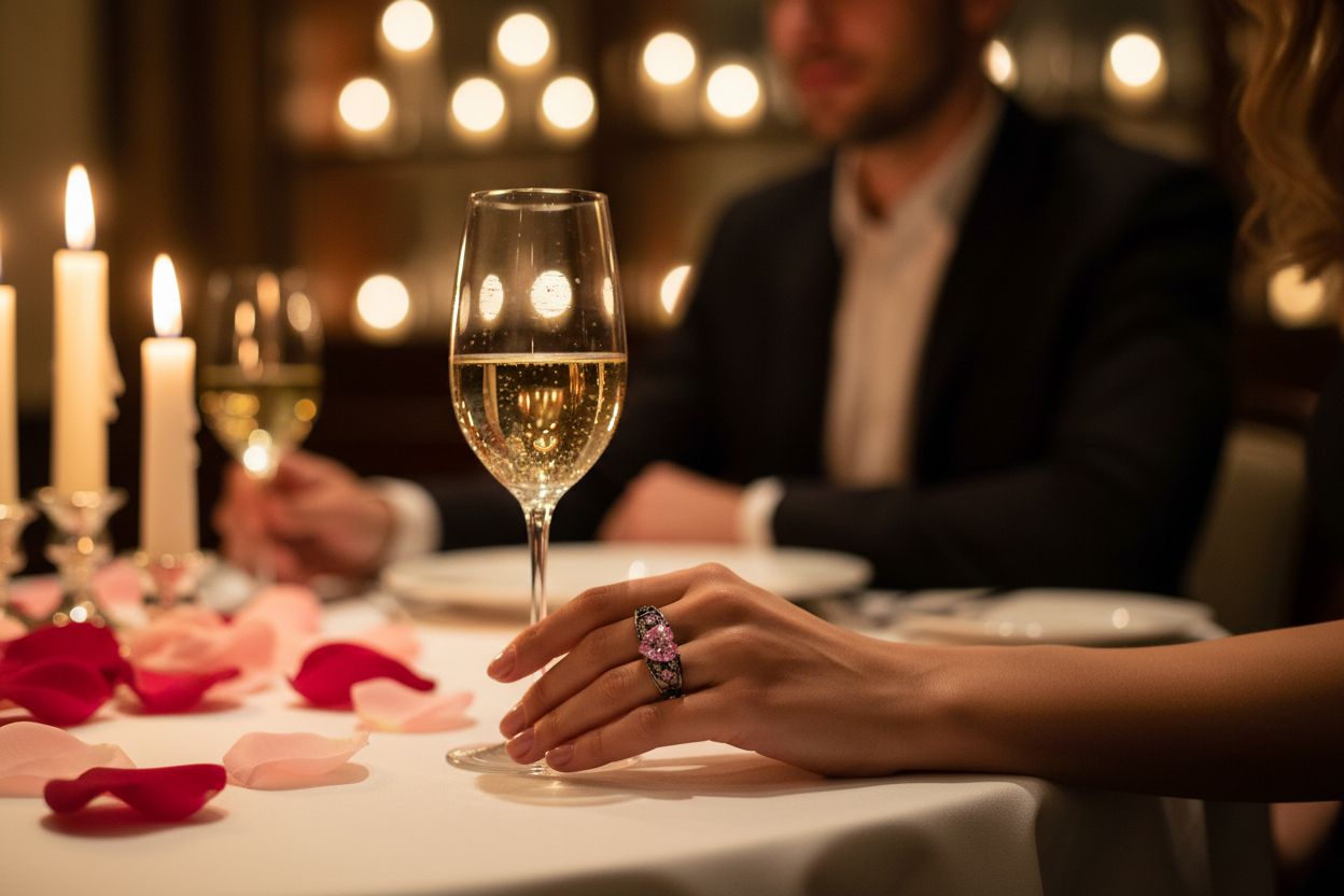 Heart-shaped ruby engagement ring with diamond accents on finger beside champagne glass