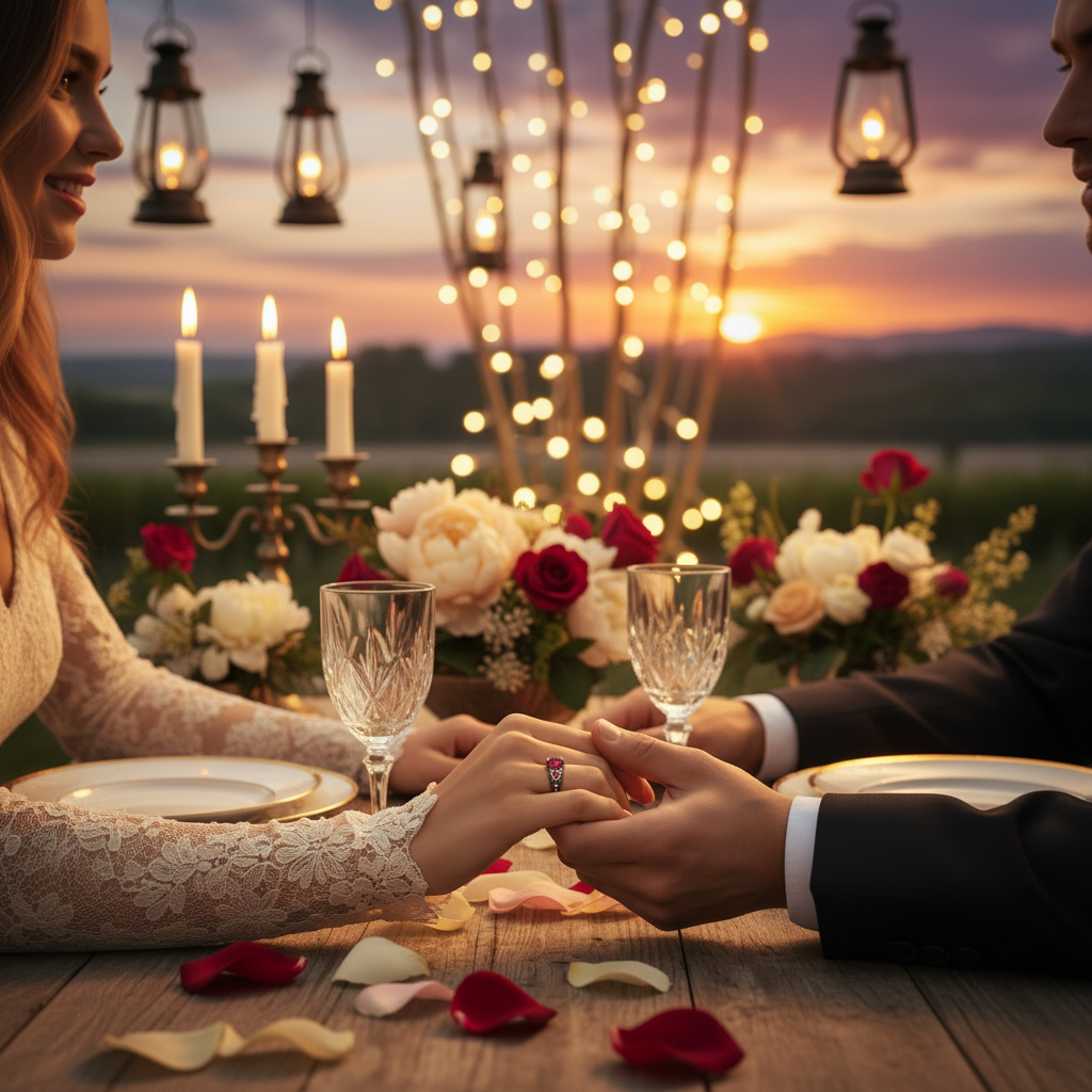 Heart-shaped ruby engagement ring with diamond accents held near table setting