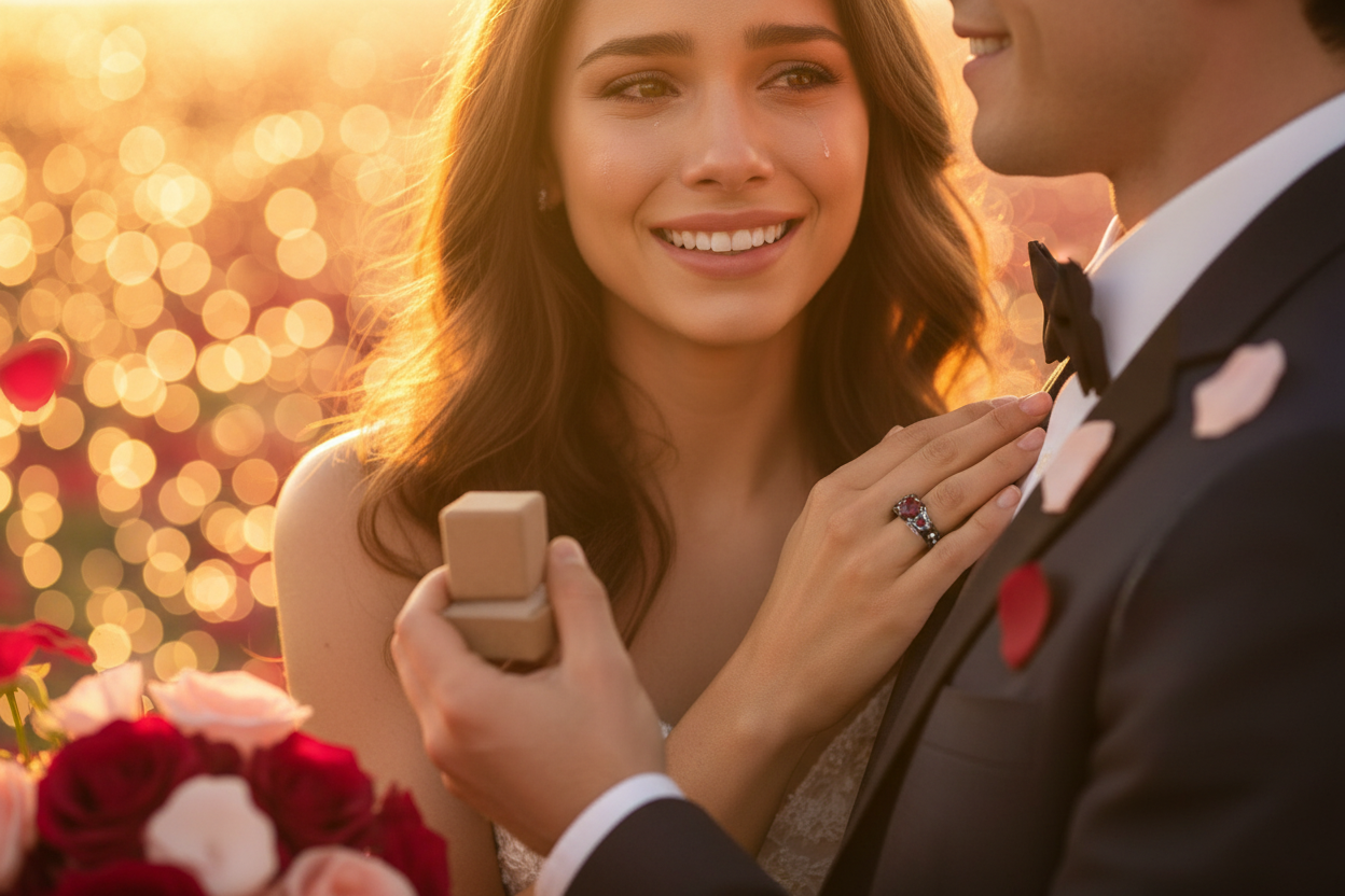 Heart-shaped ruby engagement ring with diamond accents on finger, proposal moment