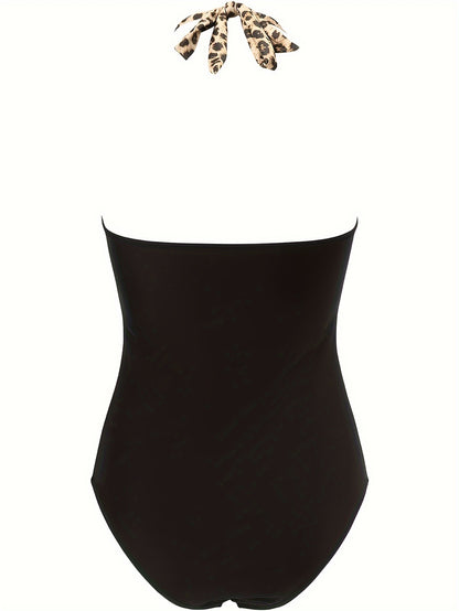 Women's Leopard Print One-piece Swimsuit, Crossed In The Chest