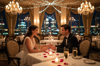 Heart-shaped ruby engagement ring with diamond accents on bride’s hand at dinner table