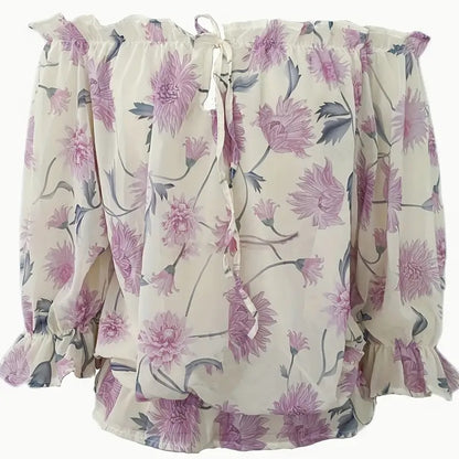 Womens Summer Off Shoulder Blouse Floral Print Ruffle Sleeve Casual Chiffon Tops Shirts