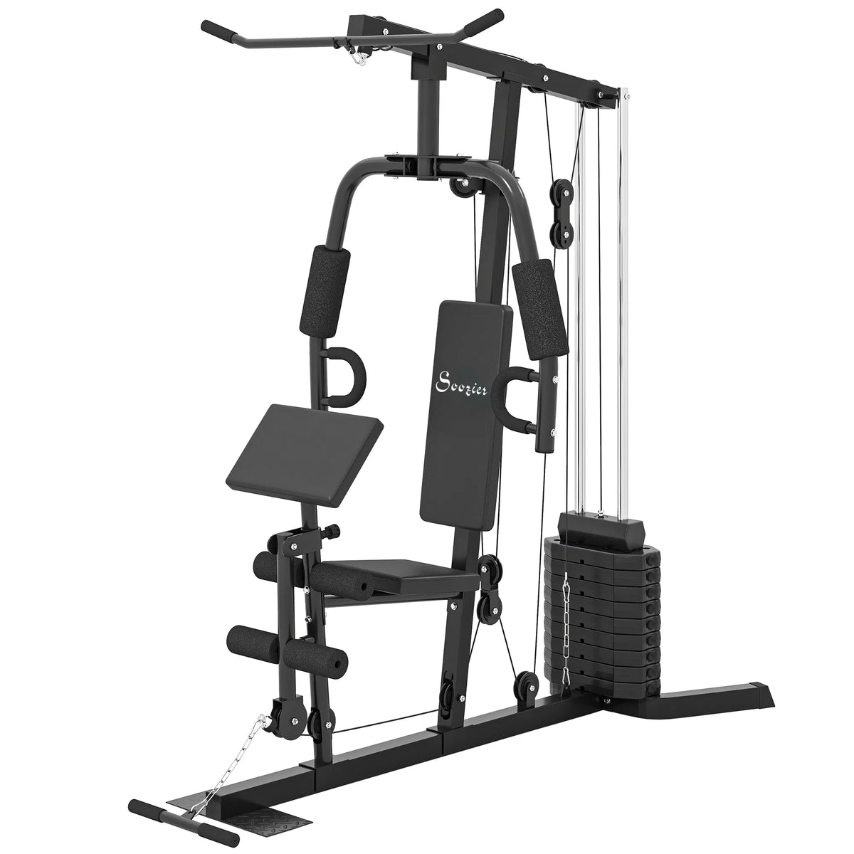 Black multi-exercise home gym station with weight stack, adjustable bench, and cable handles