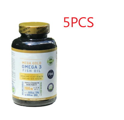 Fish oil softgel bottle with gold cap, shown with “5PCS” label