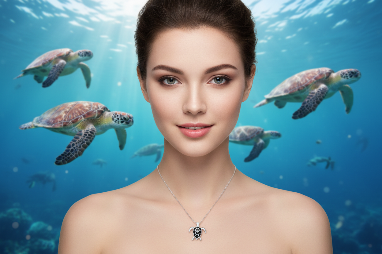 Silver turtle pendant necklace with detailed turtle charm hanging from a delicate chain