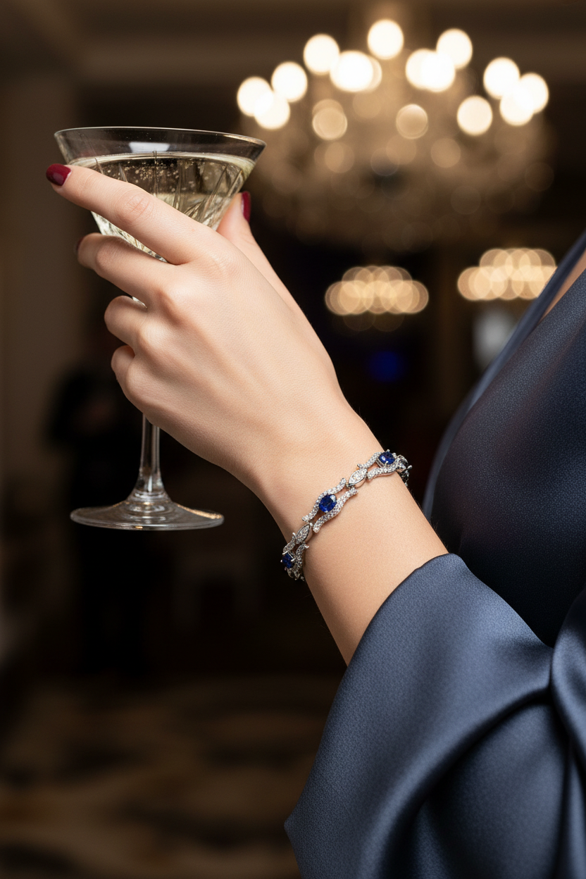 Sapphire bracelet on wrist in sterling silver with three oval blue stones and pavé