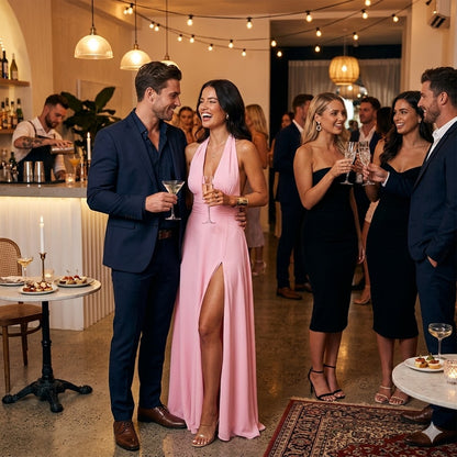 Pink halter V-neck backless slit dress with strappy open back and side slit