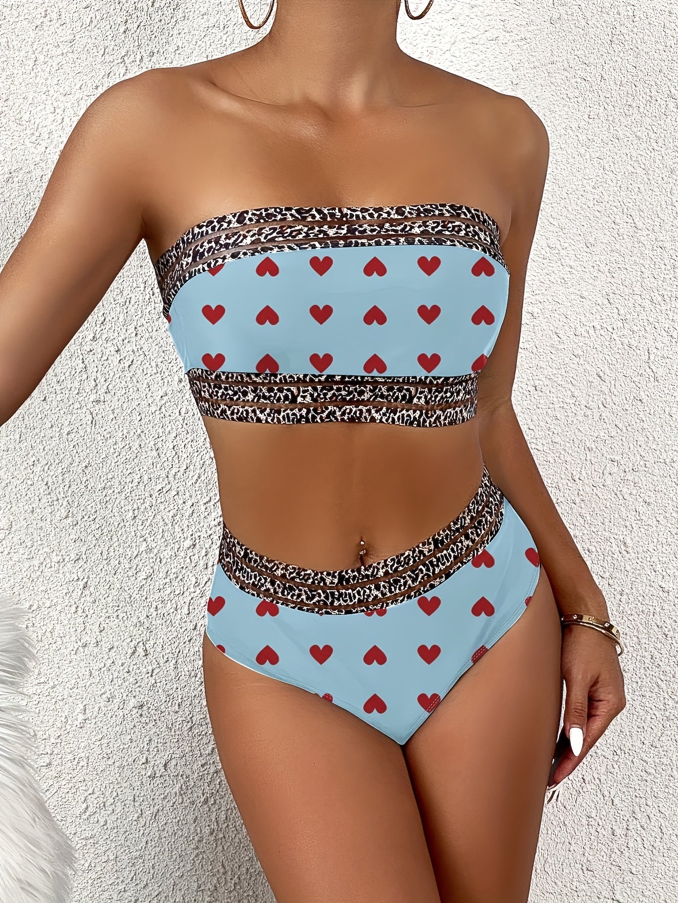 Women's Bra Love Print Bikini Bikini Two-piece Sexy Swimsuit Leopard Print Elastic Belt Holiday Style