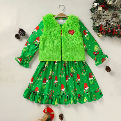 Toddler Kids Baby Girl Christmas Outfits, Long Sleeves Cartoon Prints Party Dress With Heart Print Vest Coat Set