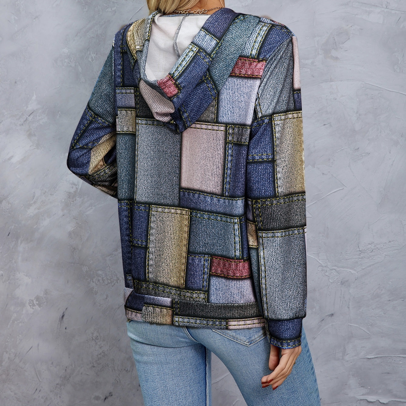 Women's Geometric Print Drawstring Fashionable Casual Hoodie Top