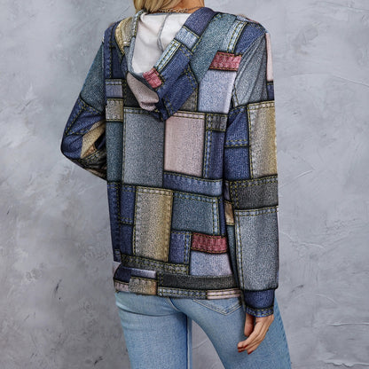 Women's Geometric Print Drawstring Fashionable Casual Hoodie Top