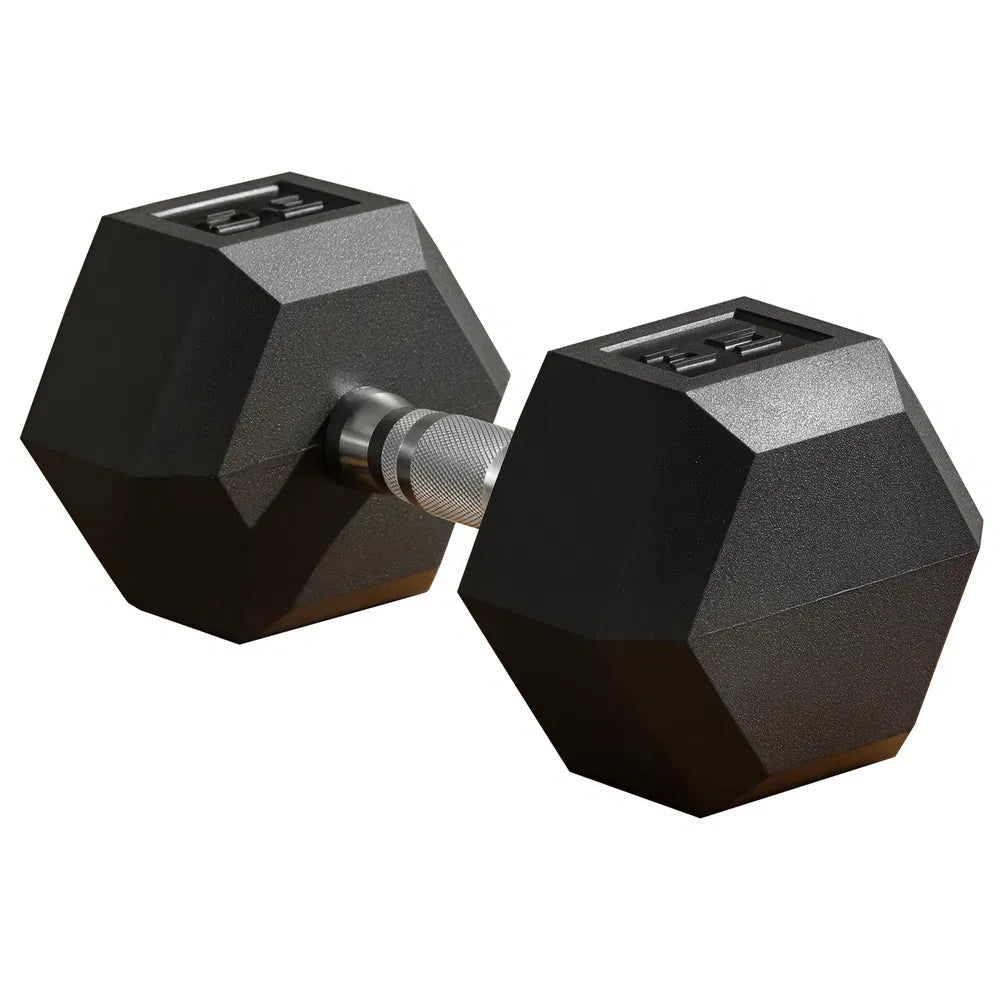 Black hex rubber dumbbell pair with silver textured grips for home fitness training