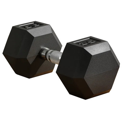 Black hex rubber dumbbell pair with silver textured grips for home fitness training