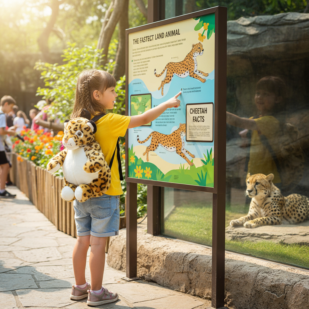 Cartoon animal school bag with spotted cheetah plush face and green backpack straps