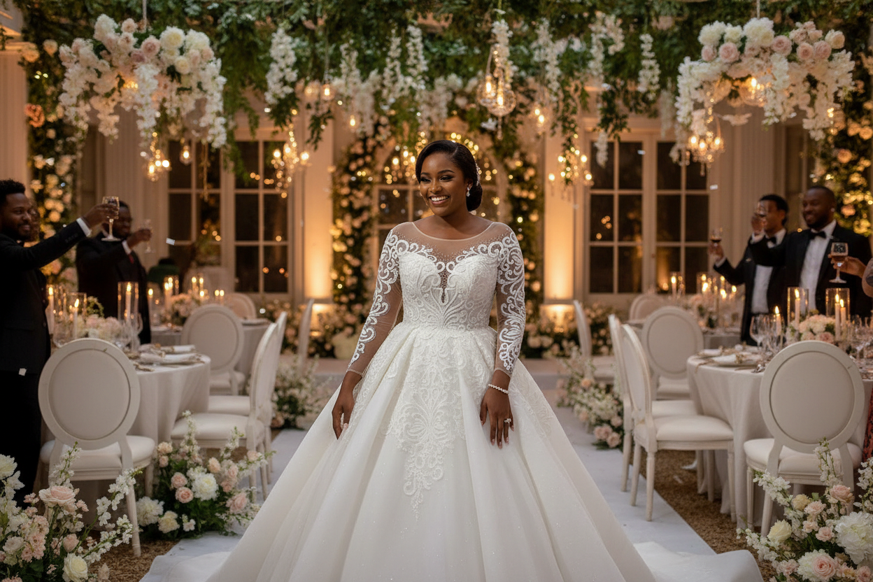White lace wedding dress with long sleeves and an embellished bodice with full skirt.