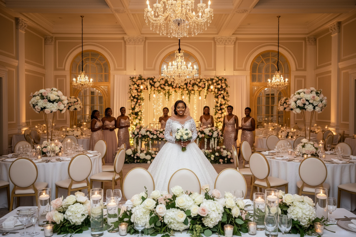 White wedding gown with long lace sleeves, illusion neckline, and full flowing skirt.