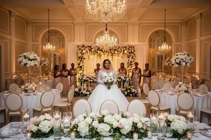 White wedding gown with long lace sleeves, illusion neckline, and full flowing skirt.