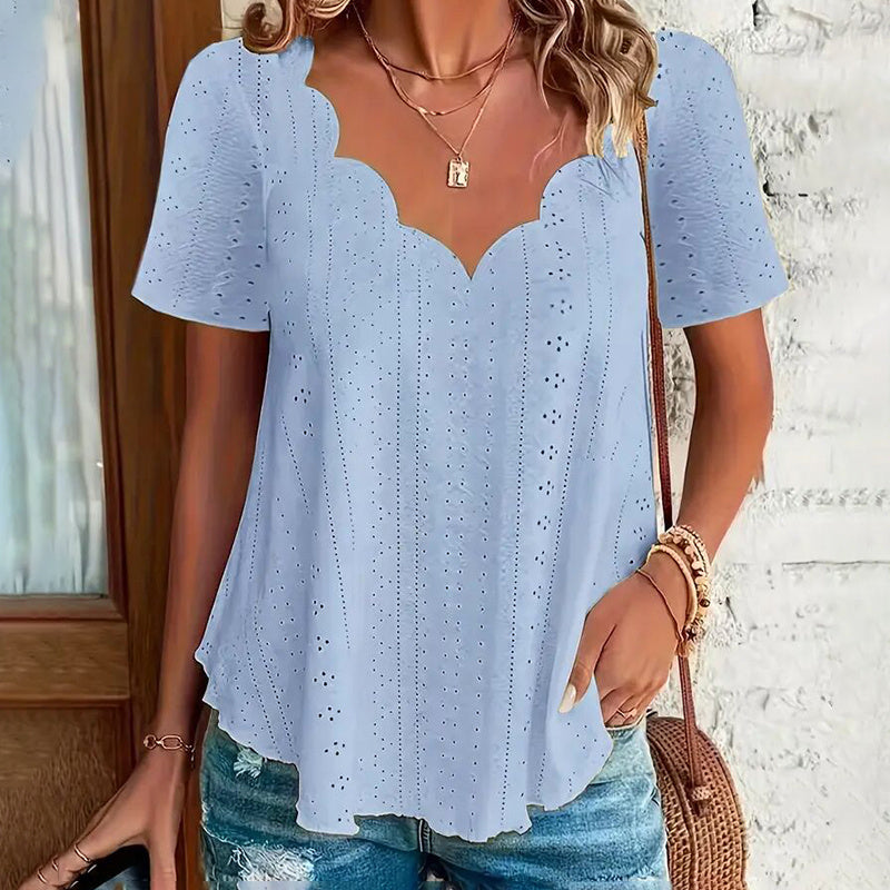 Women's Summer Scallop Trim V Neck Eyelet T-Shirt Short Sleeve Top Dressy Casual Tunic Blouses